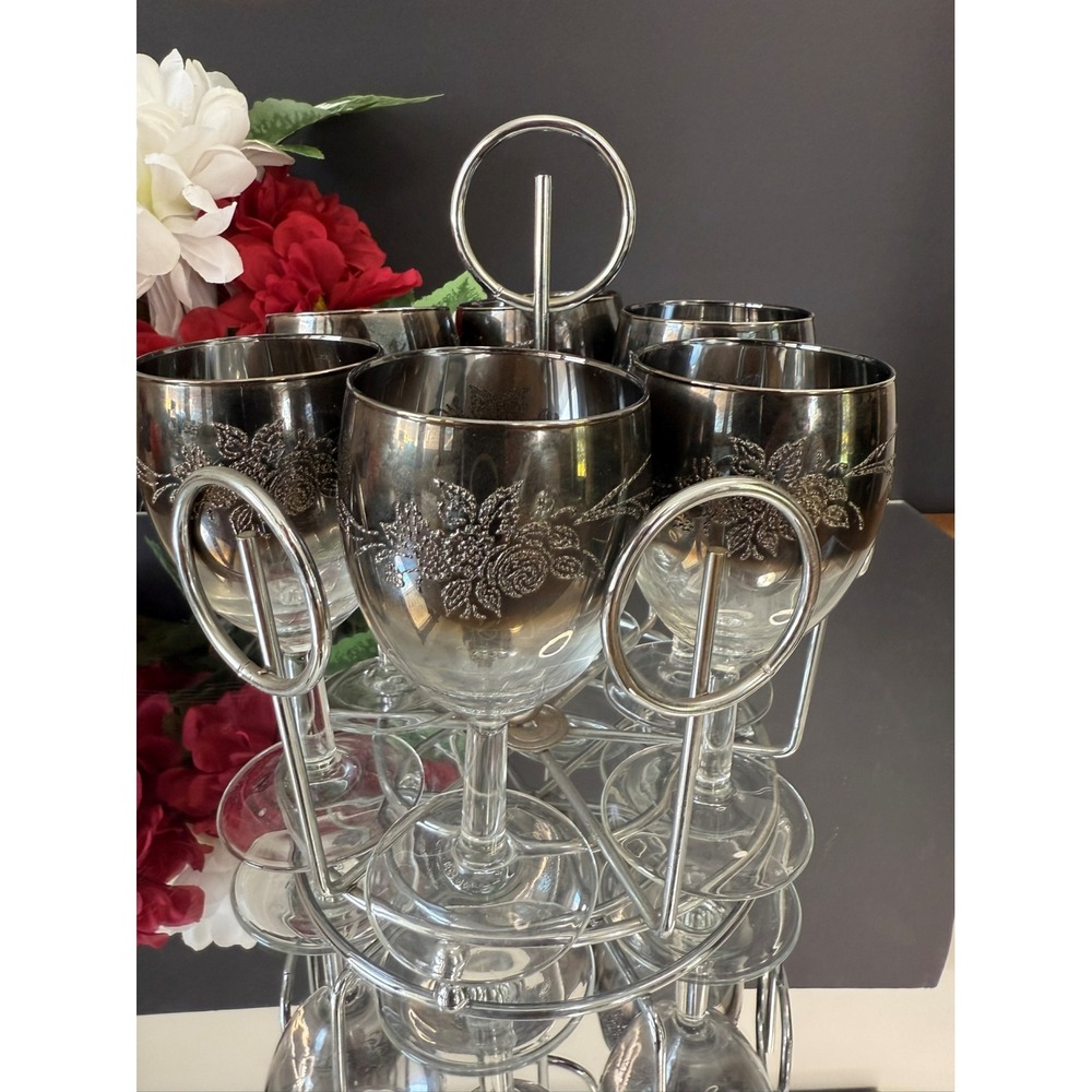 Vintage Silver Ombre Fade Wine Glasses with‎ Floral Etched Detail Chrome Rack